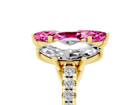 Yellow gold Three-Stone Marquise Cut Pink Sapphire Ring with Pavé Band and Prong Setting_41