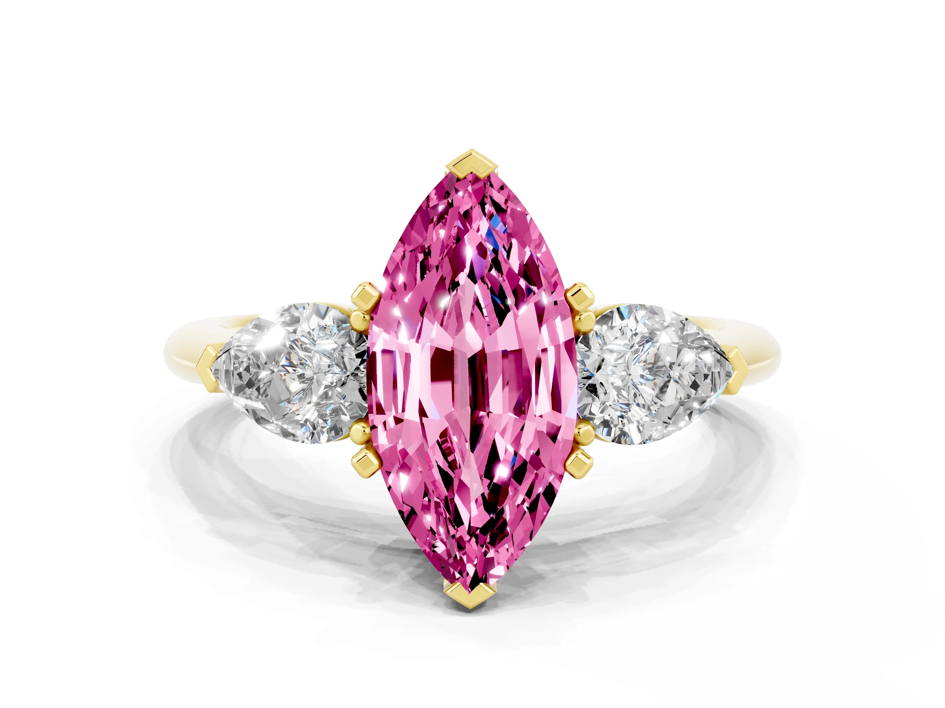 Yellow gold Three-Stone Marquise Cut Pink Sapphire Ring with Pear Side Stones and Four-Prong Setting_24