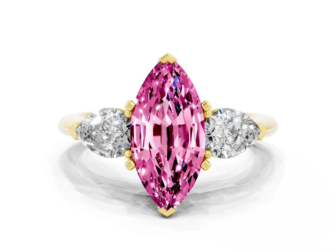 Yellow gold Three-Stone Marquise Cut Pink Sapphire Ring with Pear Side Stones and Four-Prong Setting_24