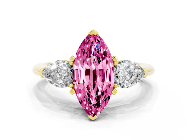 Yellow gold Three-Stone Marquise Cut Pink Sapphire Ring with Pear Side Stones and Four-Prong Setting