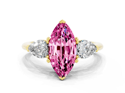Yellow gold Three-Stone Marquise Cut Pink Sapphire Ring with Pear Side Stones and Four-Prong Setting_24