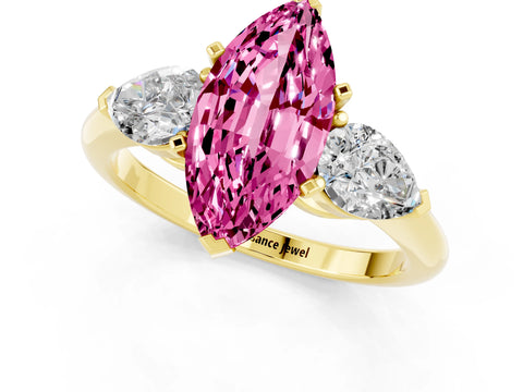 Yellow gold Three-Stone Marquise Cut Pink Sapphire Ring with Pear Side Stones and Four-Prong Setting_25
