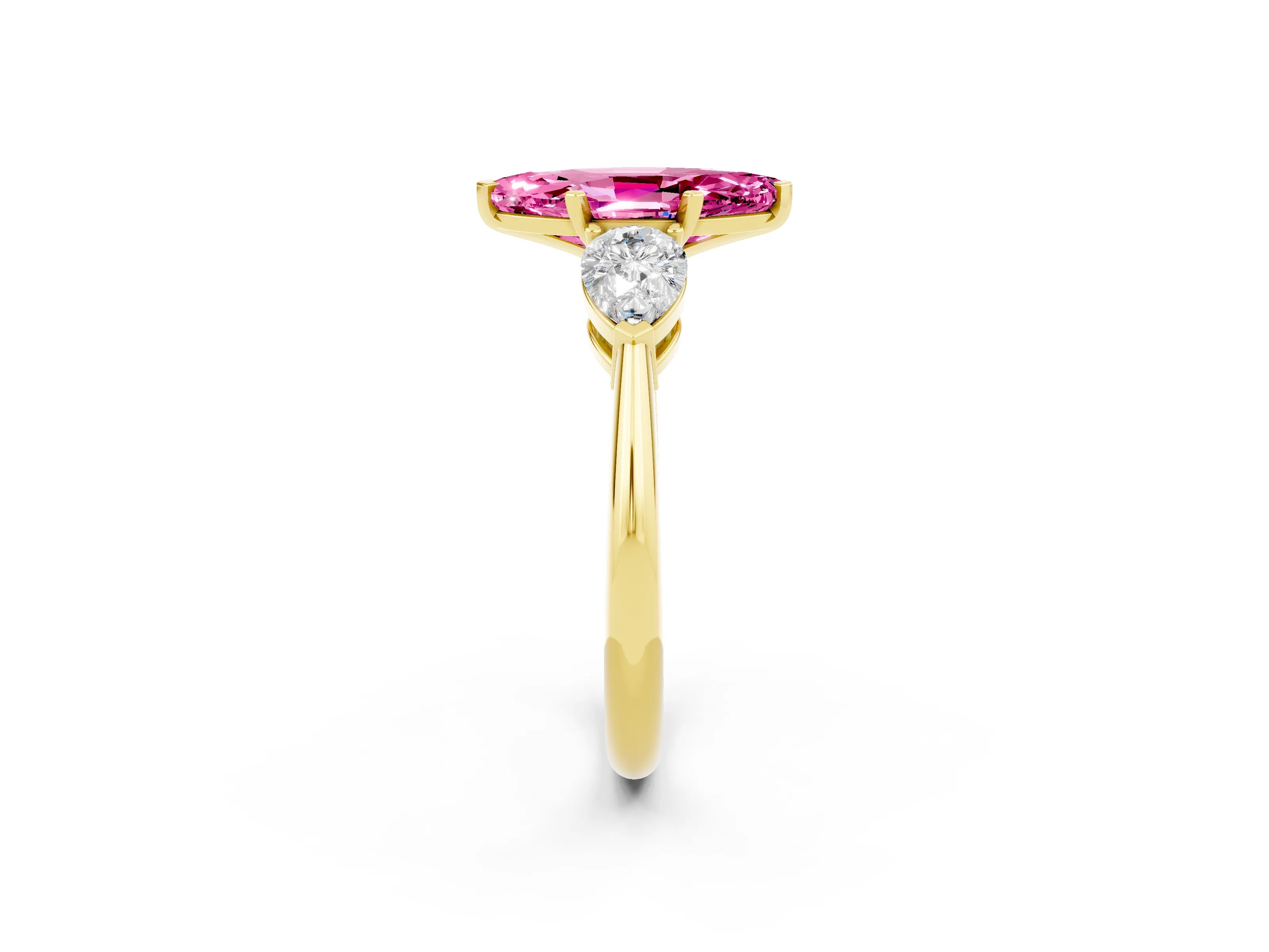 Yellow gold Three-Stone Marquise Cut Pink Sapphire Ring with Pear Side Stones and Four-Prong Setting_26