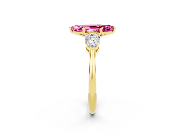 Yellow gold Three-Stone Marquise Cut Pink Sapphire Ring with Pear Side Stones and Four-Prong Setting
