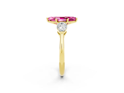 Yellow gold Three-Stone Marquise Cut Pink Sapphire Ring with Pear Side Stones and Four-Prong Setting_26