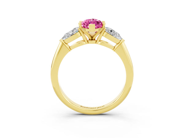 Yellow gold Three-Stone Marquise Cut Pink Sapphire Ring with Pear Side Stones and Four-Prong Setting
