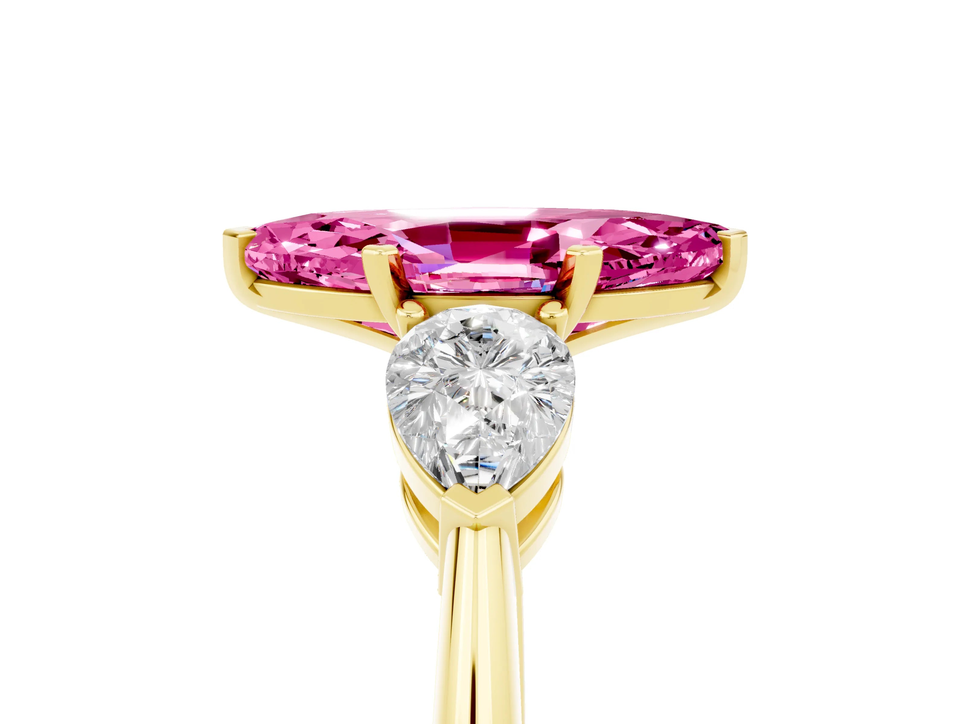 Yellow gold Three-Stone Marquise Cut Pink Sapphire Ring with Pear Side Stones and Four-Prong Setting_29