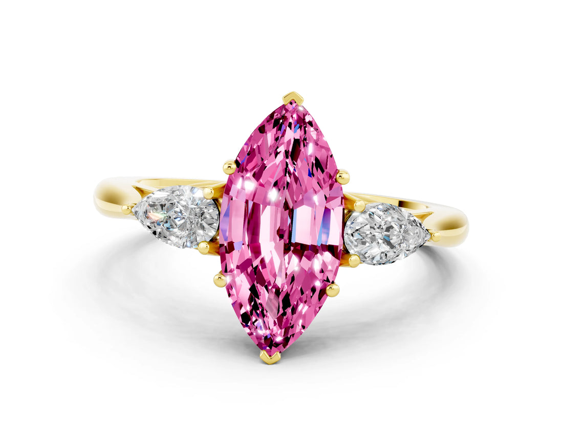 Yellow gold Three-Stone Marquise Cut Pink Sapphire Ring with Pear  Side Stones in Four-Prong Setting_12