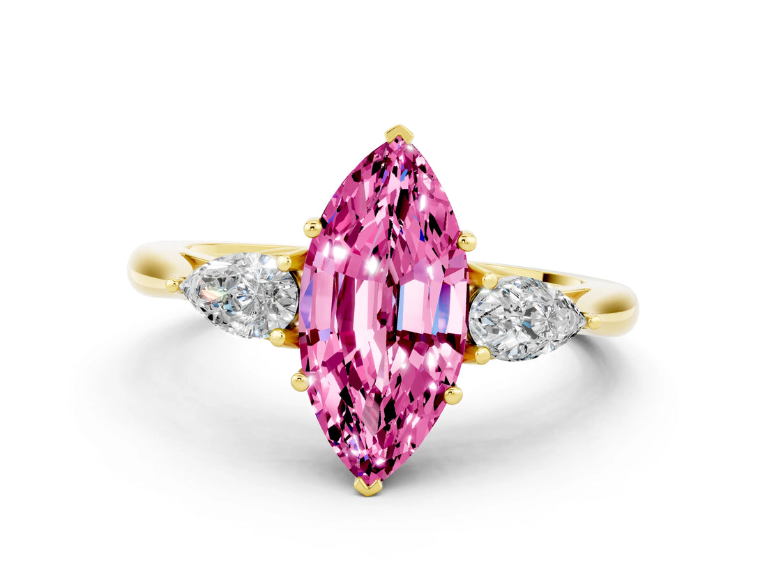 Yellow gold Three-Stone Marquise Cut Pink Sapphire Ring with Pear  Side Stones in Four-Prong Setting_36