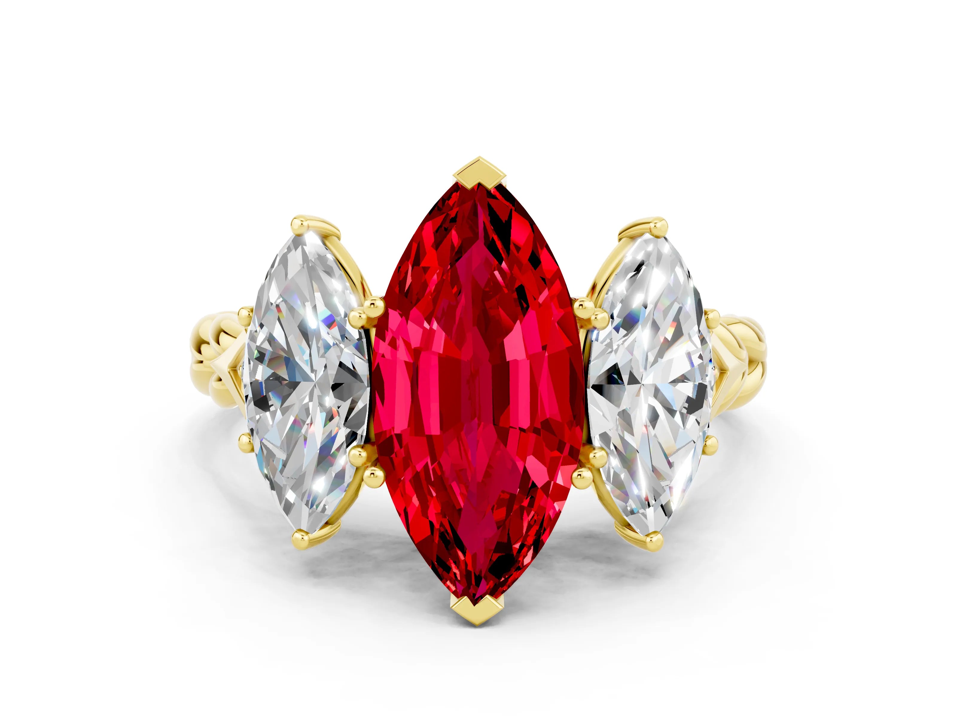 Yellow gold Three-Stone Marquise Cut Ruby Braided Band Ring with Four-Prong Setting_12