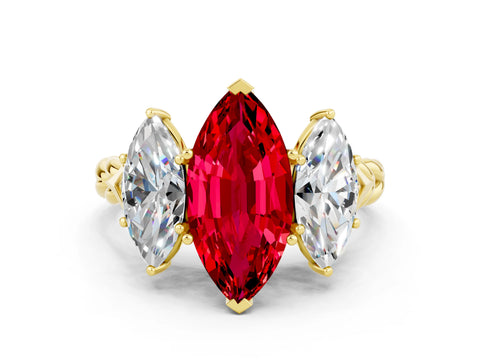 Yellow gold Three-Stone Marquise Cut Ruby Braided Band Ring with Four-Prong Setting_12
