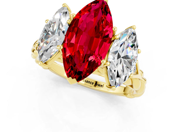 Yellow gold Three-Stone Marquise Cut Ruby Braided Band Ring with Four-Prong Setting