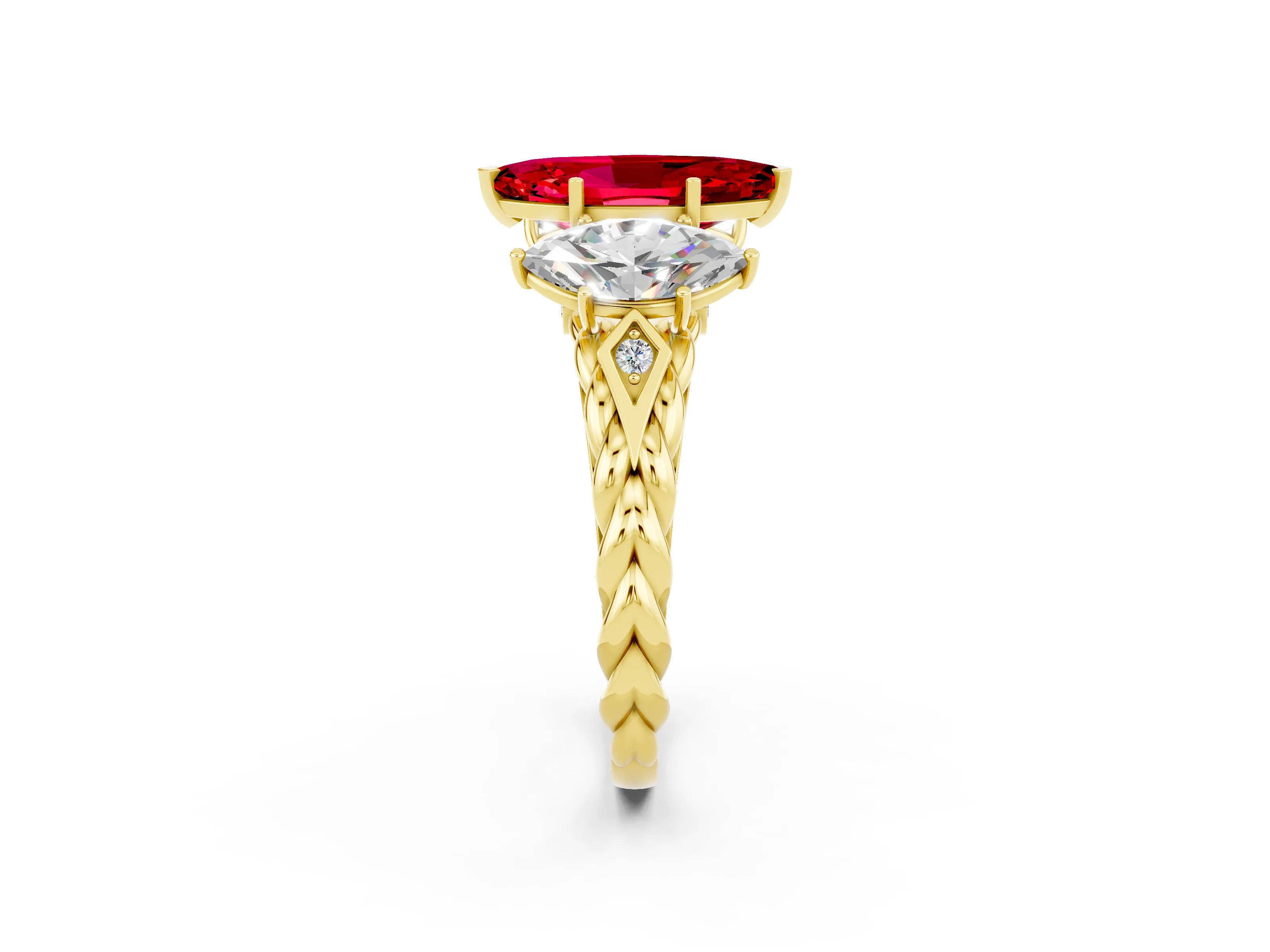 Yellow gold Three-Stone Marquise Cut Ruby Braided Band Ring with Four-Prong Setting_14
