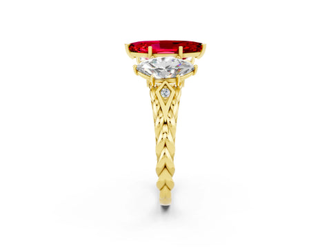 Yellow gold Three-Stone Marquise Cut Ruby Braided Band Ring with Four-Prong Setting_14