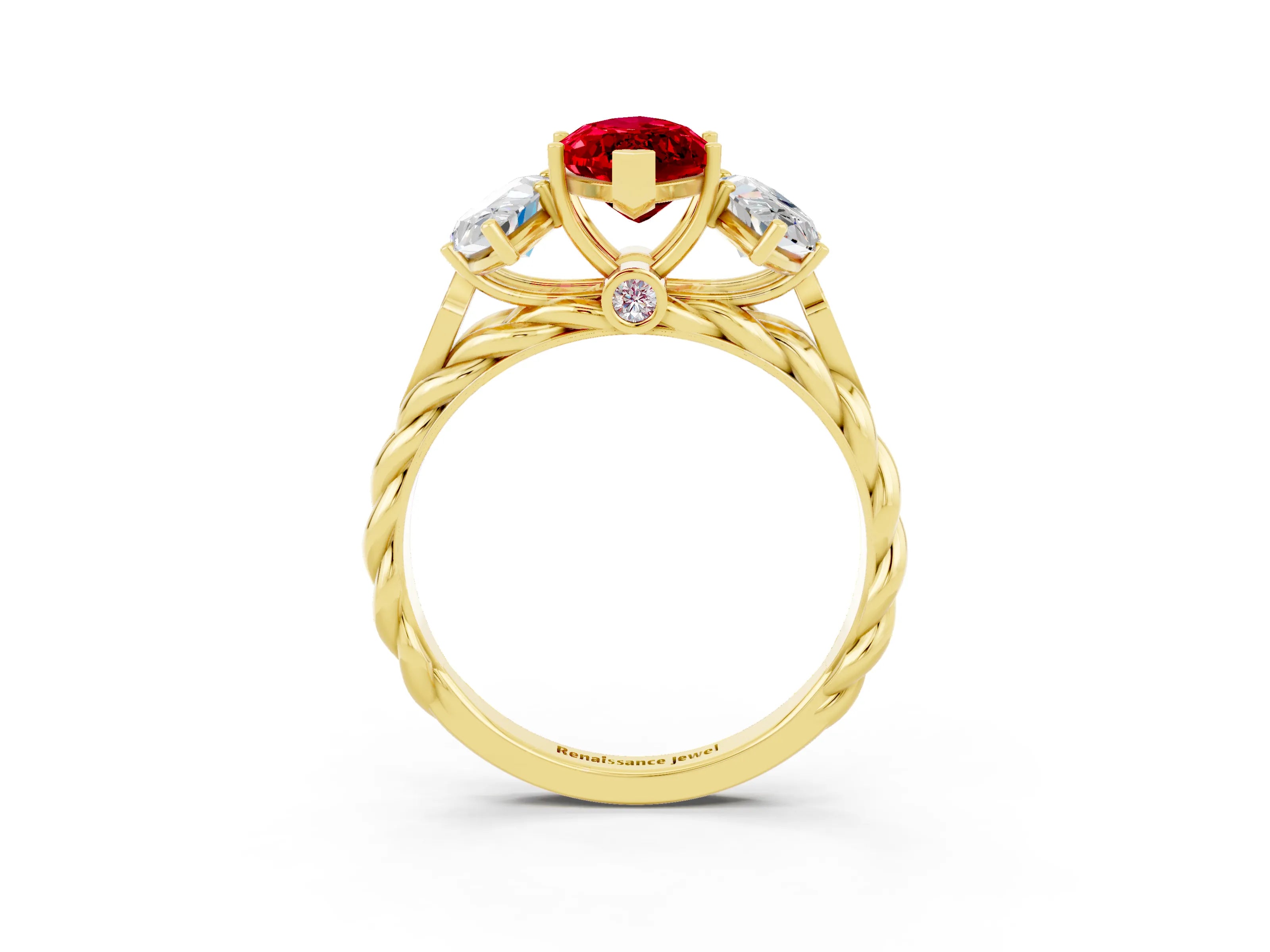 Yellow gold Three-Stone Marquise Cut Ruby Braided Band Ring with Four-Prong Setting_15