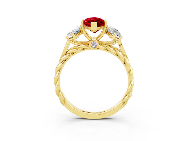 Yellow gold Three-Stone Marquise Cut Ruby Braided Band Ring with Four-Prong Setting