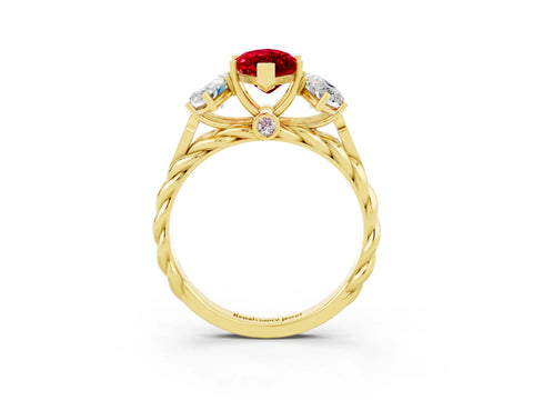 Yellow gold Three-Stone Marquise Cut Ruby Braided Band Ring with Four-Prong Setting_15