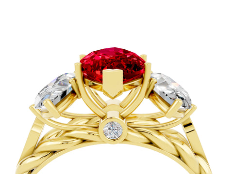 Yellow gold Three-Stone Marquise Cut Ruby Braided Band Ring with Four-Prong Setting_16