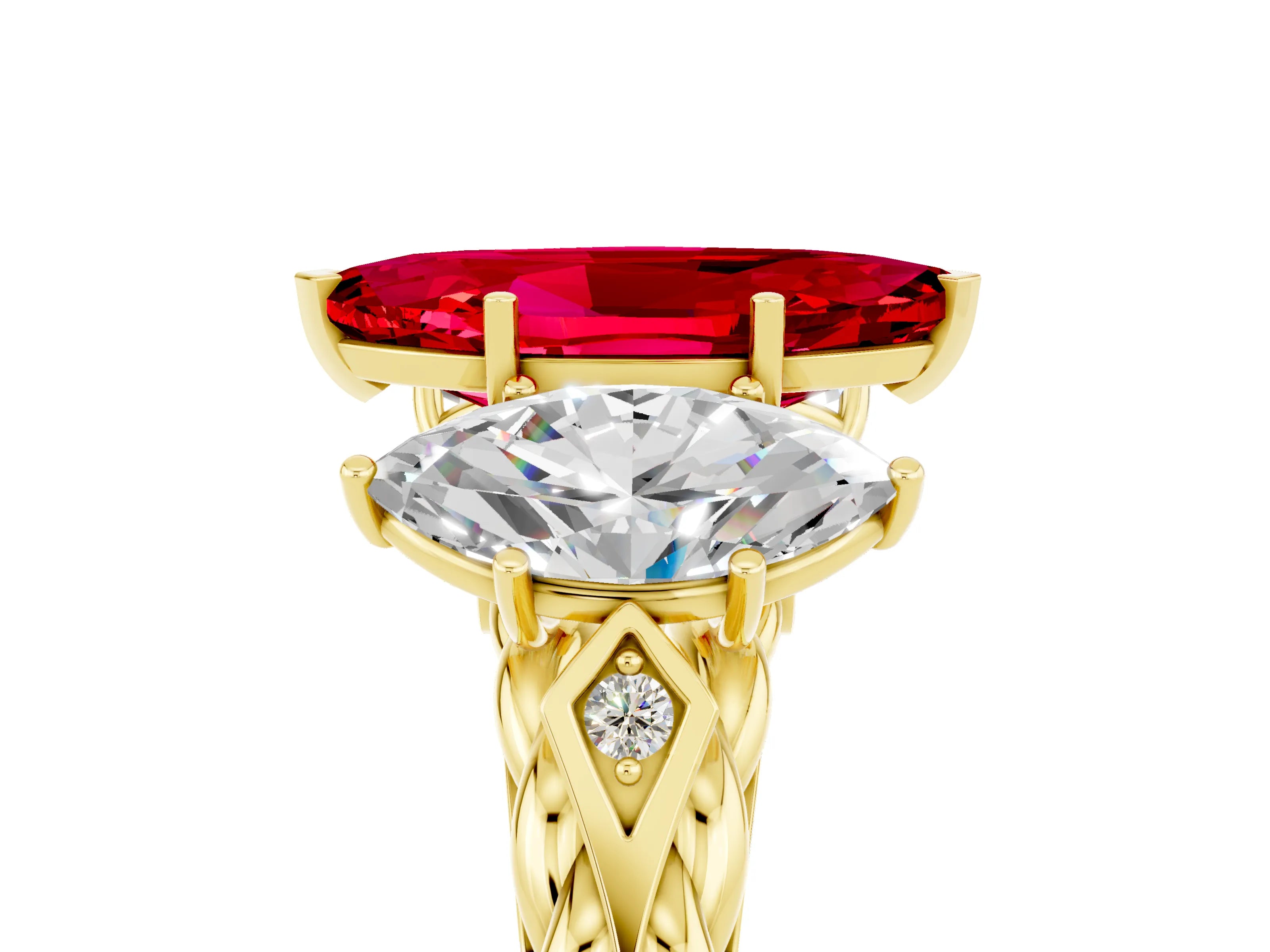 Yellow gold Three-Stone Marquise Cut Ruby Braided Band Ring with Four-Prong Setting_17