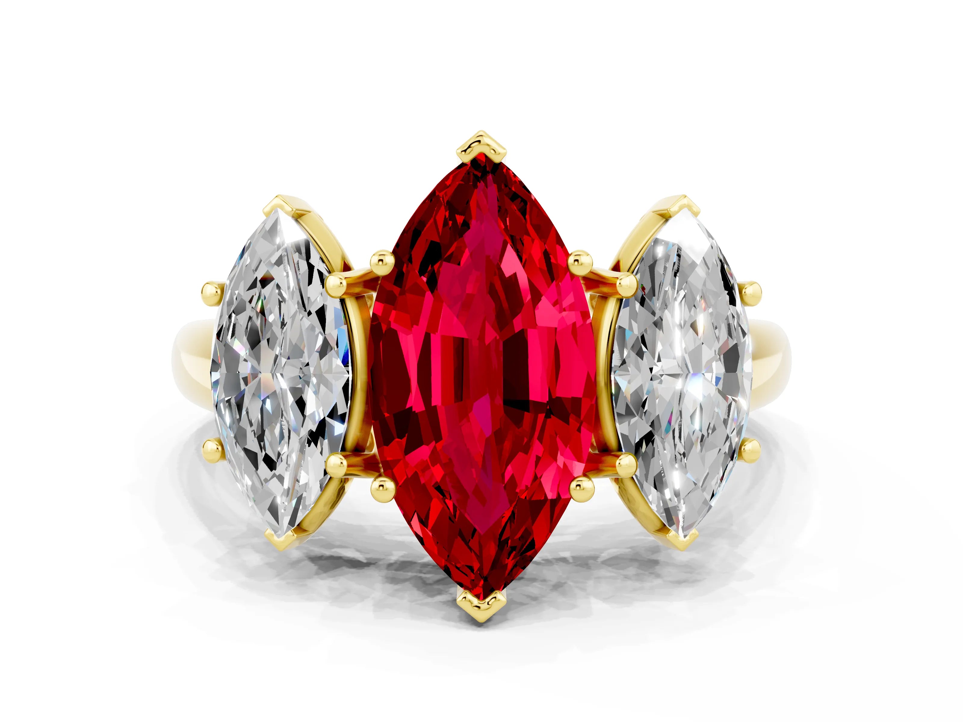 Yellow gold Three-Stone Marquise Cut Ruby Engagement Ring with Prong Setting
