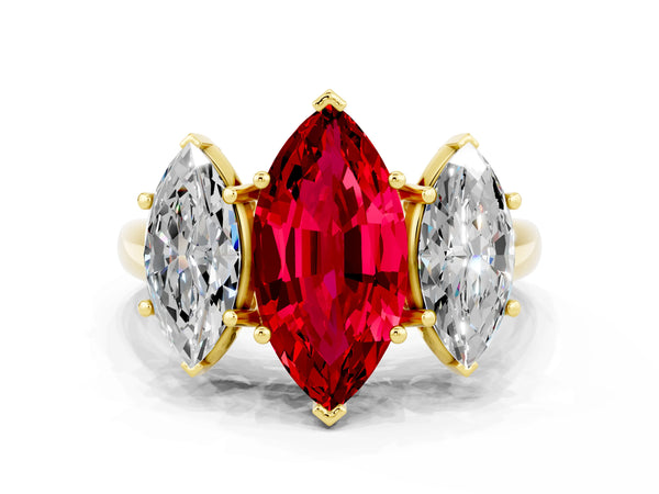 Yellow gold Three-Stone Marquise Cut Ruby Engagement Ring with Prong Setting