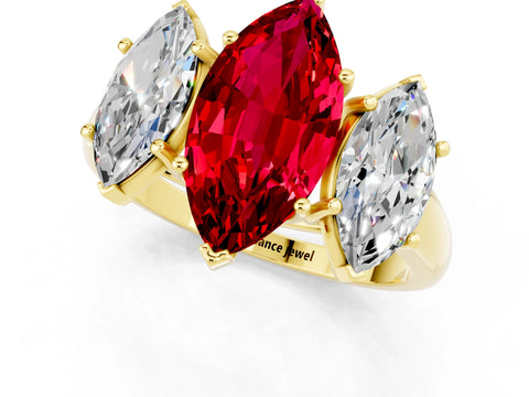 Yellow gold Three-Stone Marquise Cut Ruby Engagement Ring with Prong Setting_1