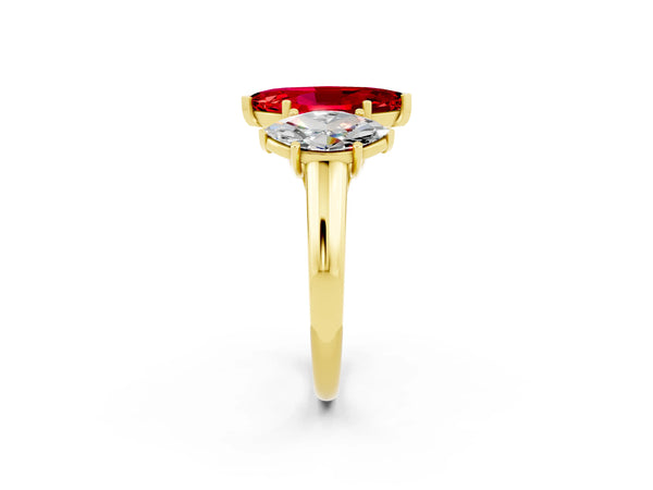 Yellow gold Three-Stone Marquise Cut Ruby Engagement Ring with Prong Setting