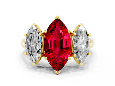 Yellow gold Three-Stone Marquise Cut Ruby Engagement Ring with Prong Setting