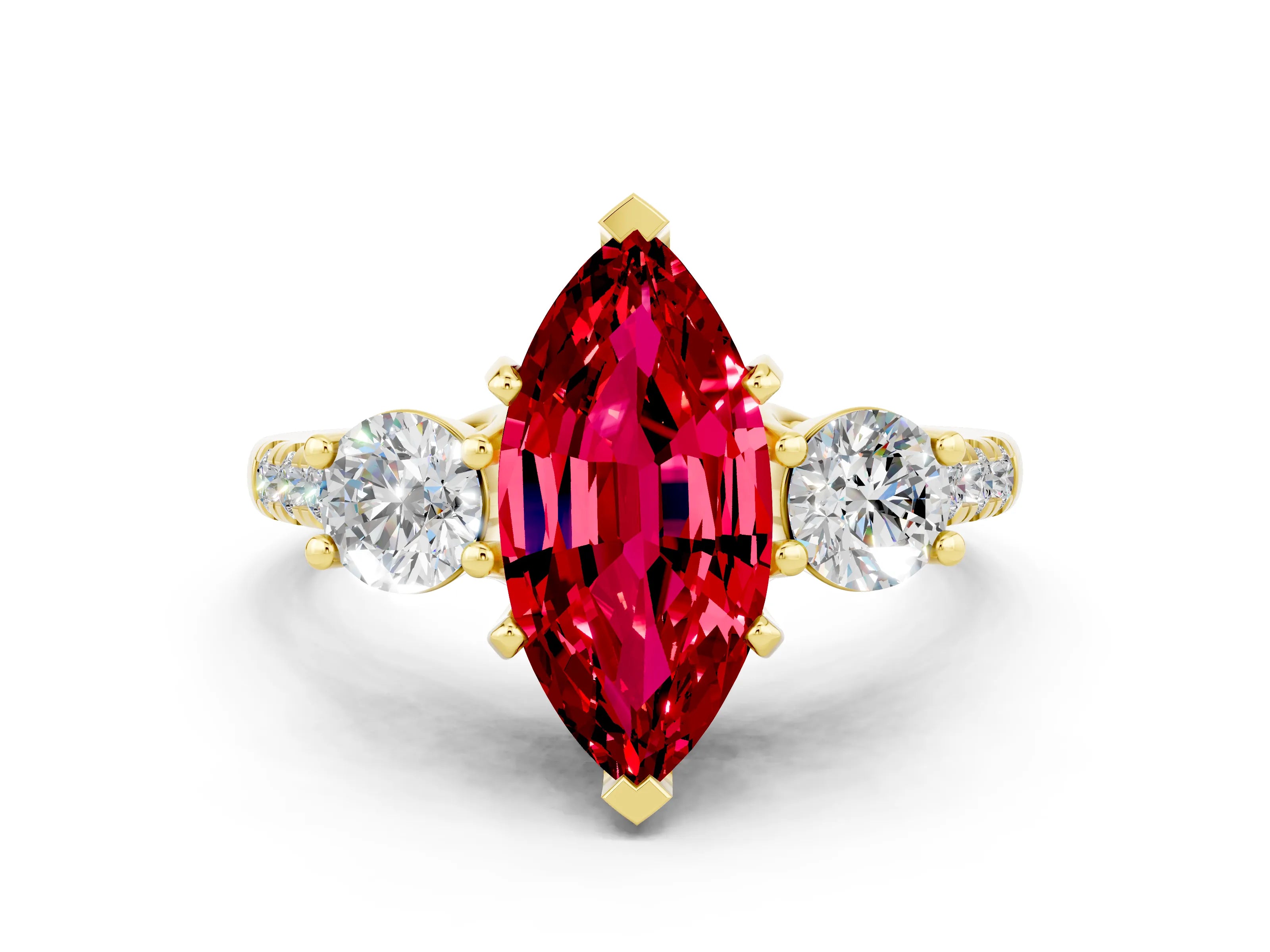 Yellow gold Three-Stone Marquise Cut Ruby Pavé Band with Four-Prong Setting