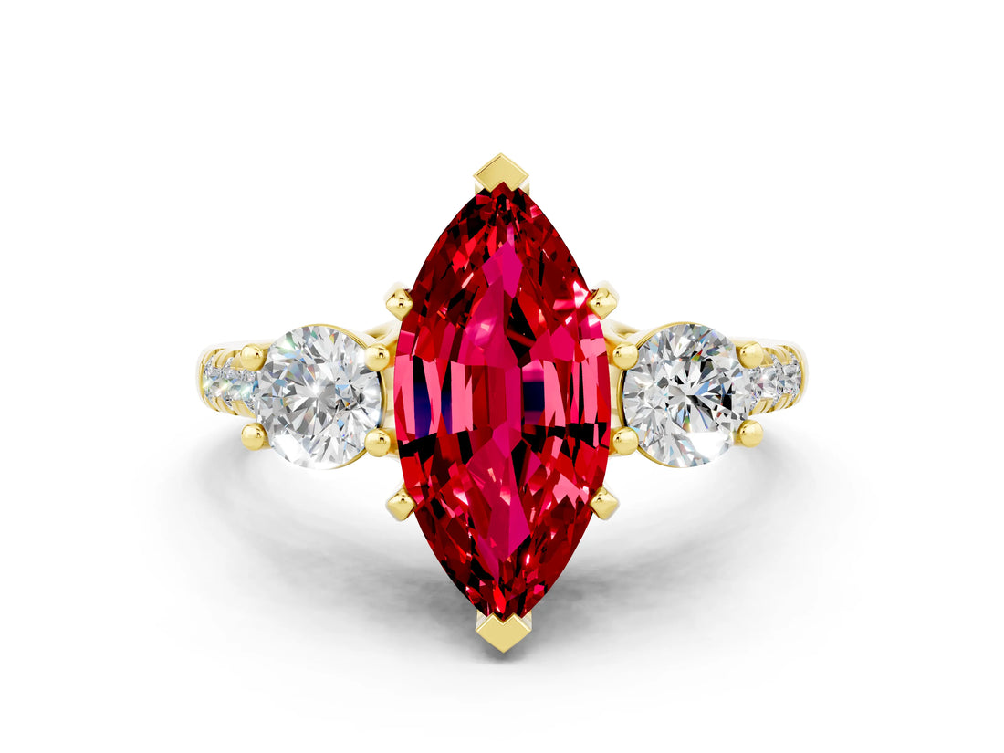 Yellow gold Three-Stone Marquise Cut Ruby Pavé Band with Four-Prong Setting