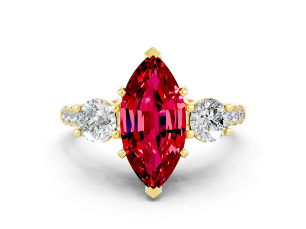 Yellow gold Three-Stone Marquise Cut Ruby Pavé Band with Four-Prong Setting