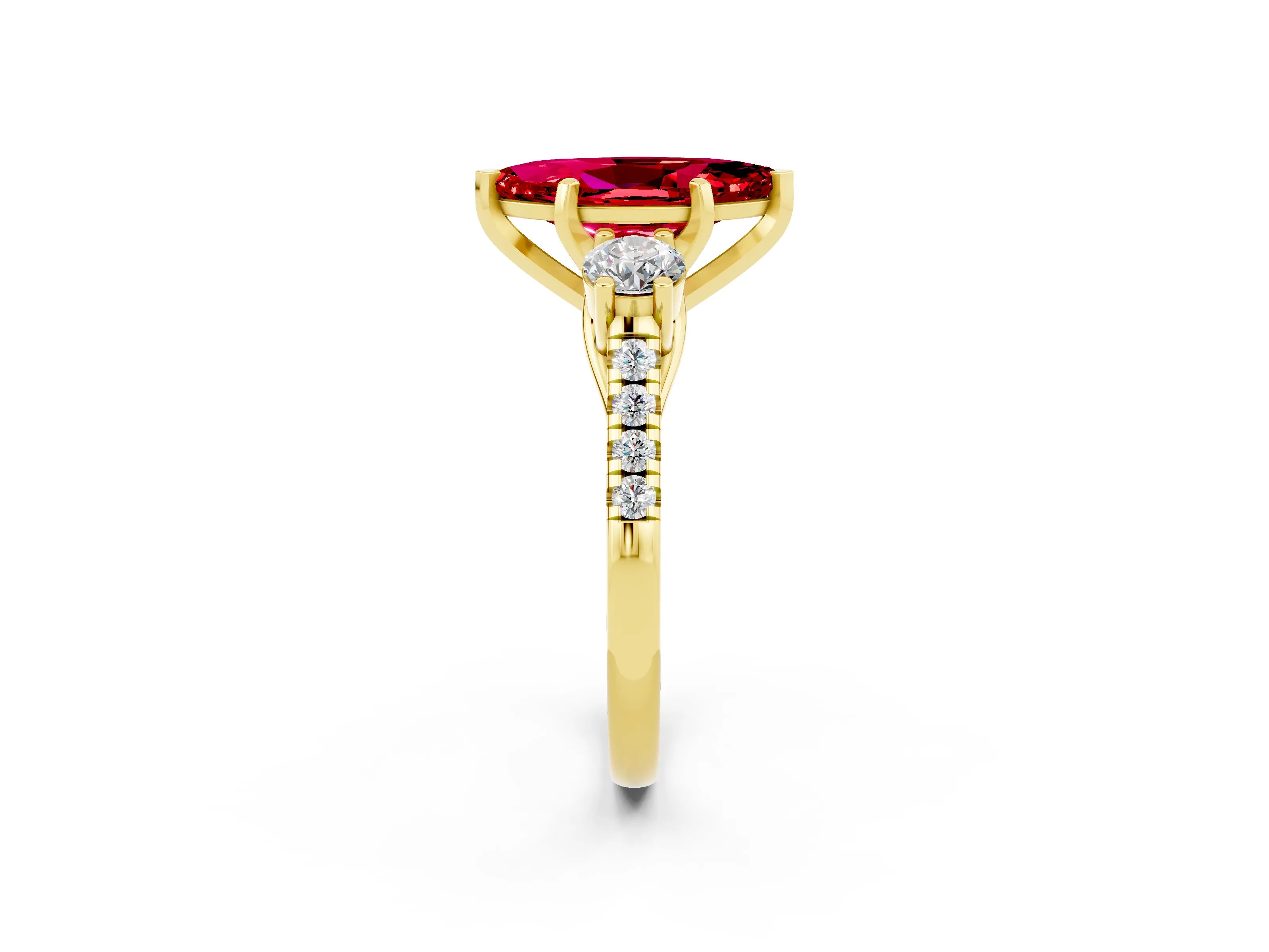 Yellow gold Three-Stone Marquise Cut Ruby Pavé Band with Four-Prong Setting_2