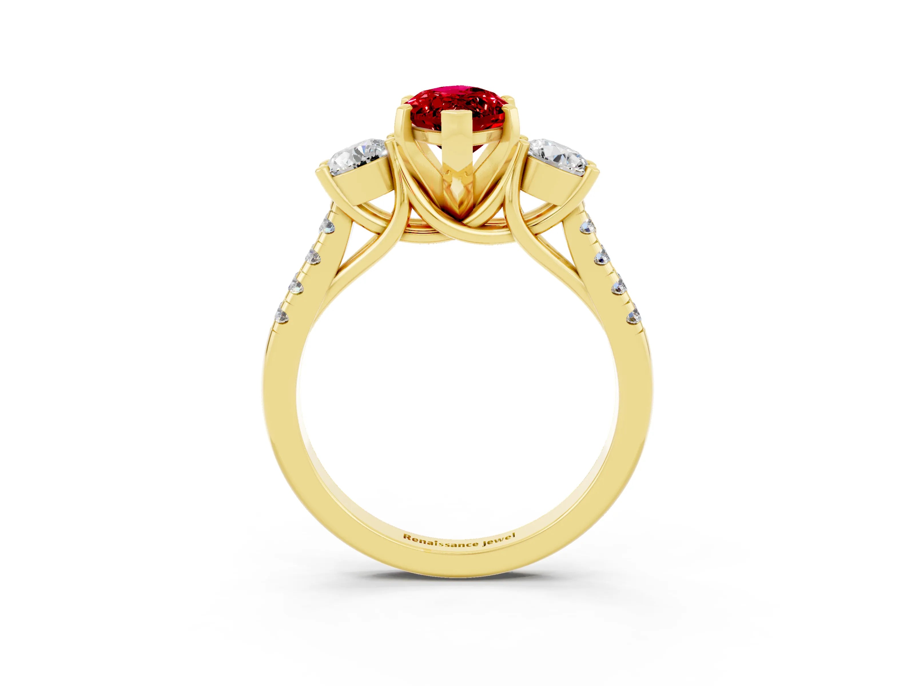 Yellow gold Three-Stone Marquise Cut Ruby Pavé Band with Four-Prong Setting_3