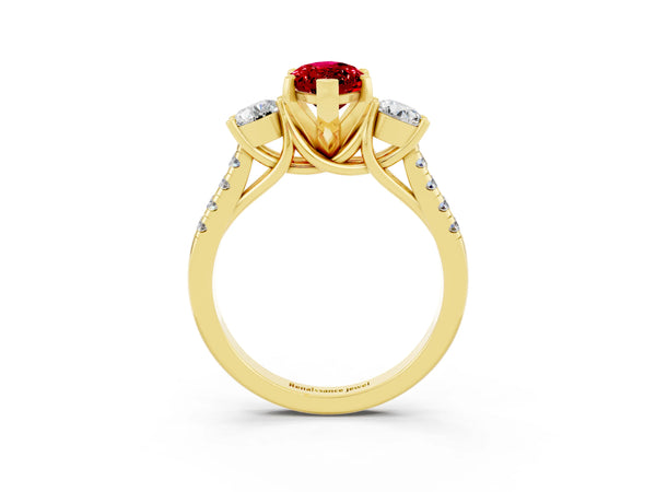 Yellow gold Three-Stone Marquise Cut Ruby Pavé Band with Four-Prong Setting