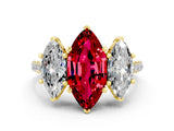 Yellow gold Three-Stone Marquise Cut Ruby Ring with Pavé Band and Prong Setting_12