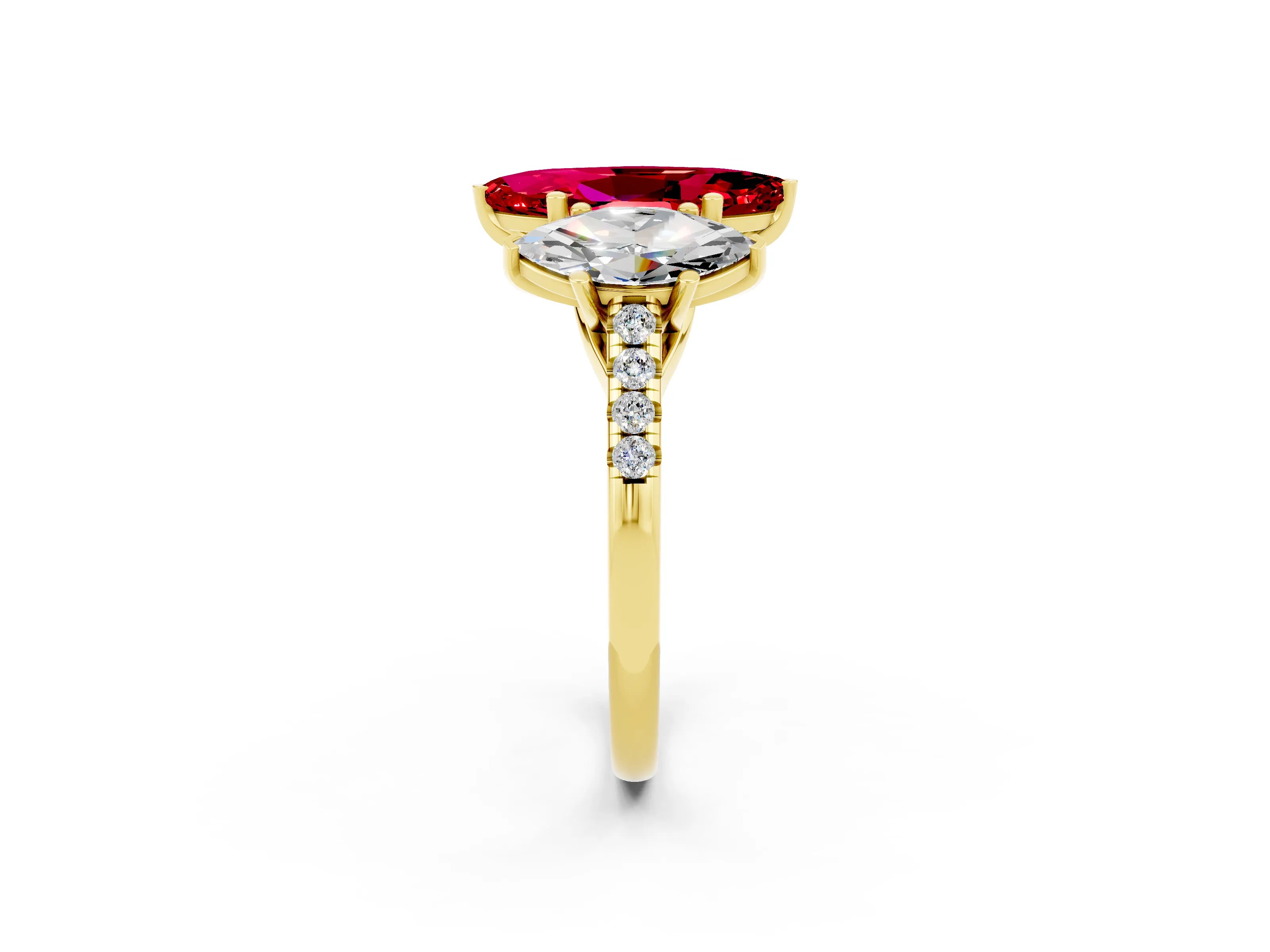 Yellow gold Three-Stone Marquise Cut Ruby Ring with Pavé Band and Prong Setting_14