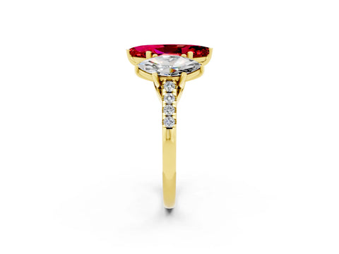 Yellow gold Three-Stone Marquise Cut Ruby Ring with Pavé Band and Prong Setting_14