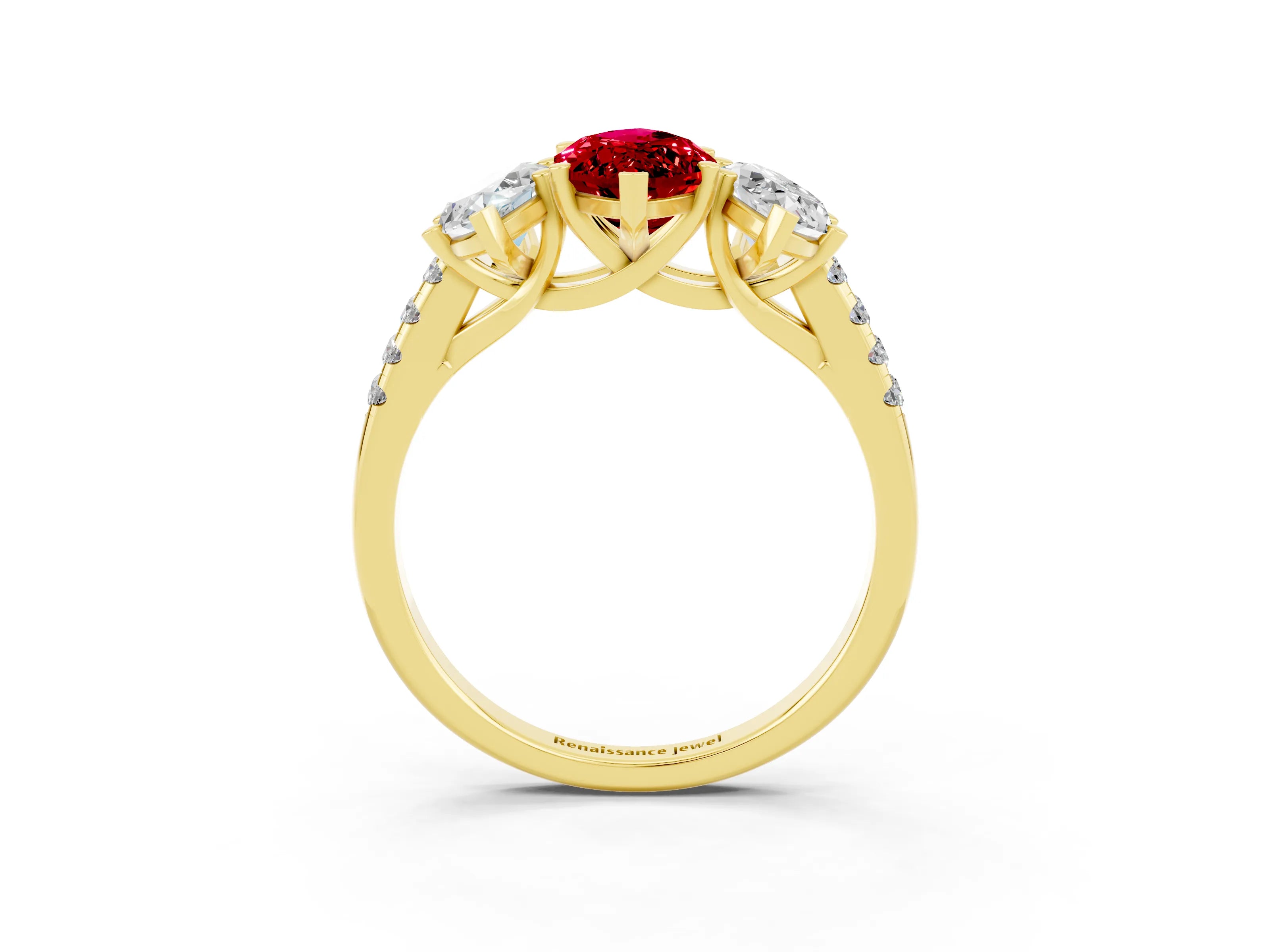 Yellow gold Three-Stone Marquise Cut Ruby Ring with Pavé Band and Prong Setting_15