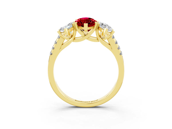 Yellow gold Three-Stone Marquise Cut Ruby Ring with Round  Pavé Band and Prong Setting