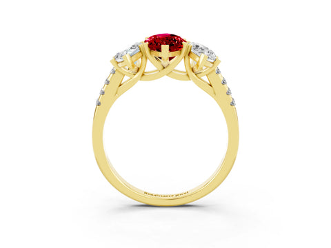Yellow gold Three-Stone Marquise Cut Ruby Ring with Pavé Band and Prong Setting_15