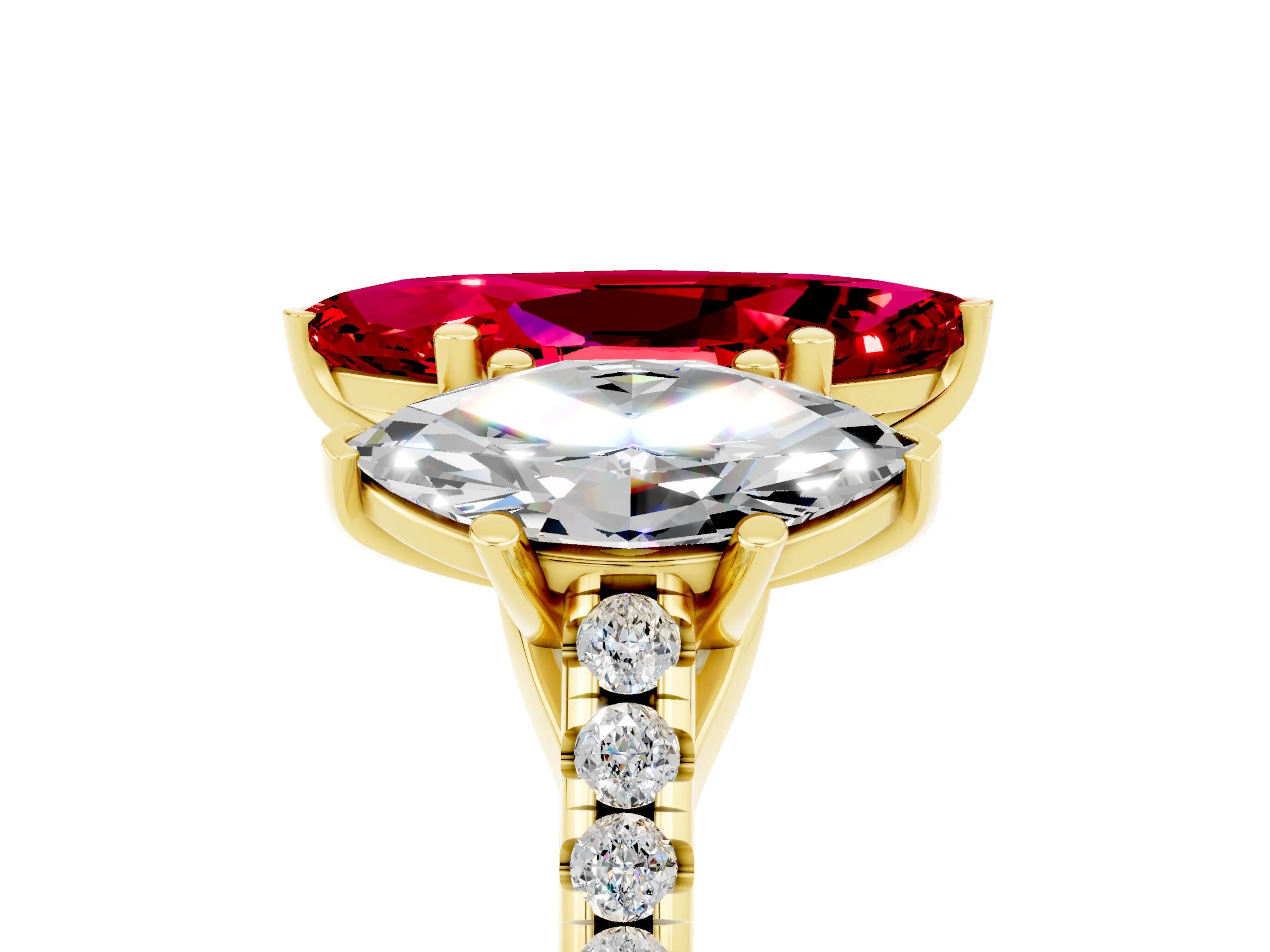 Yellow gold Three-Stone Marquise Cut Ruby Ring with Pavé Band and Prong Setting_17