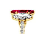 Yellow gold Three-Stone Marquise Cut Ruby Ring with Pavé Band and Prong Setting_17