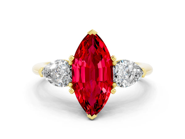 Yellow gold Three-Stone Marquise Cut Ruby Ring with Pear Side Stones and Four-Prong Setting