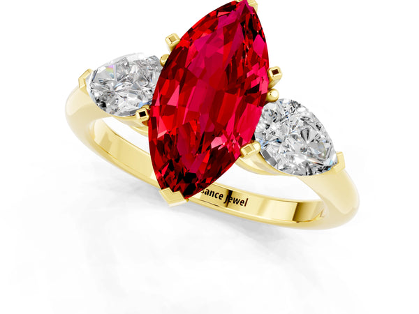 Yellow gold Three-Stone Marquise Cut Ruby Ring with Pear Side Stones and Four-Prong Setting