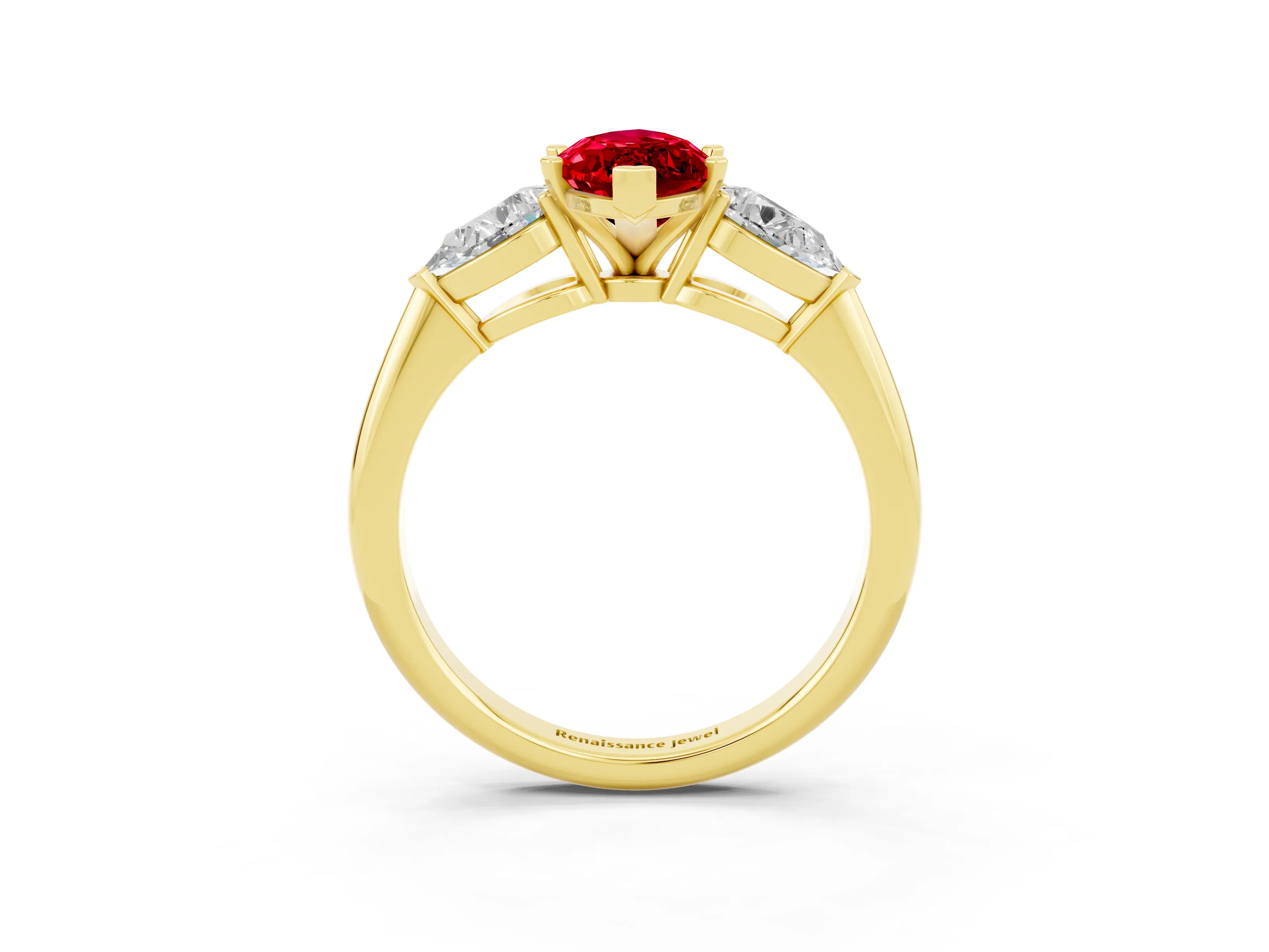 Yellow gold Three-Stone Marquise Cut Ruby Ring with Pear Side Stones and Four-Prong Setting_3