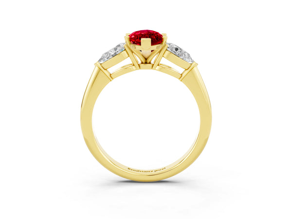 Yellow gold Three-Stone Marquise Cut Ruby Ring with Pear Side Stones and Four-Prong Setting