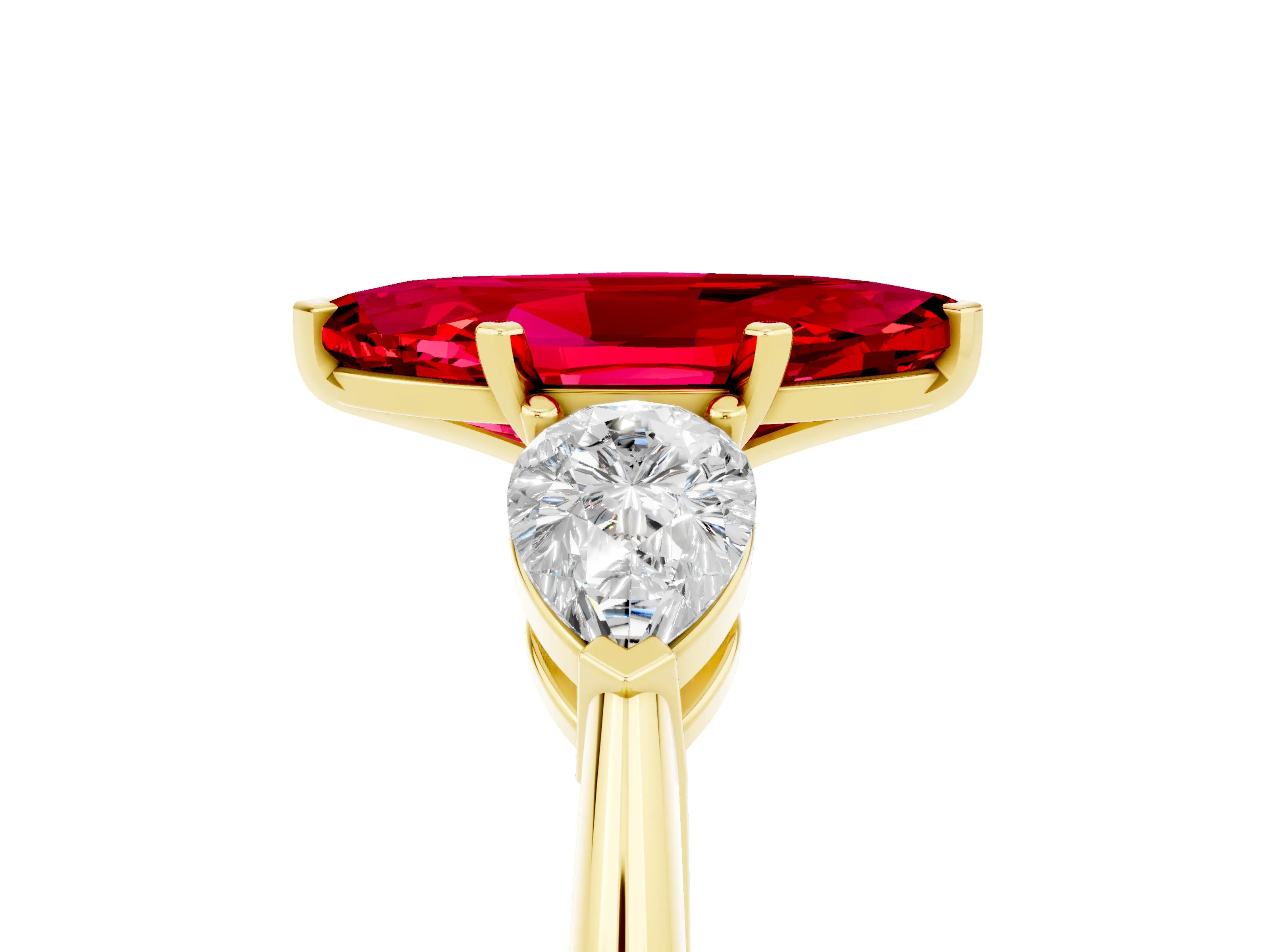 Yellow gold Three-Stone Marquise Cut Ruby Ring with Pear Side Stones and Four-Prong Setting_5