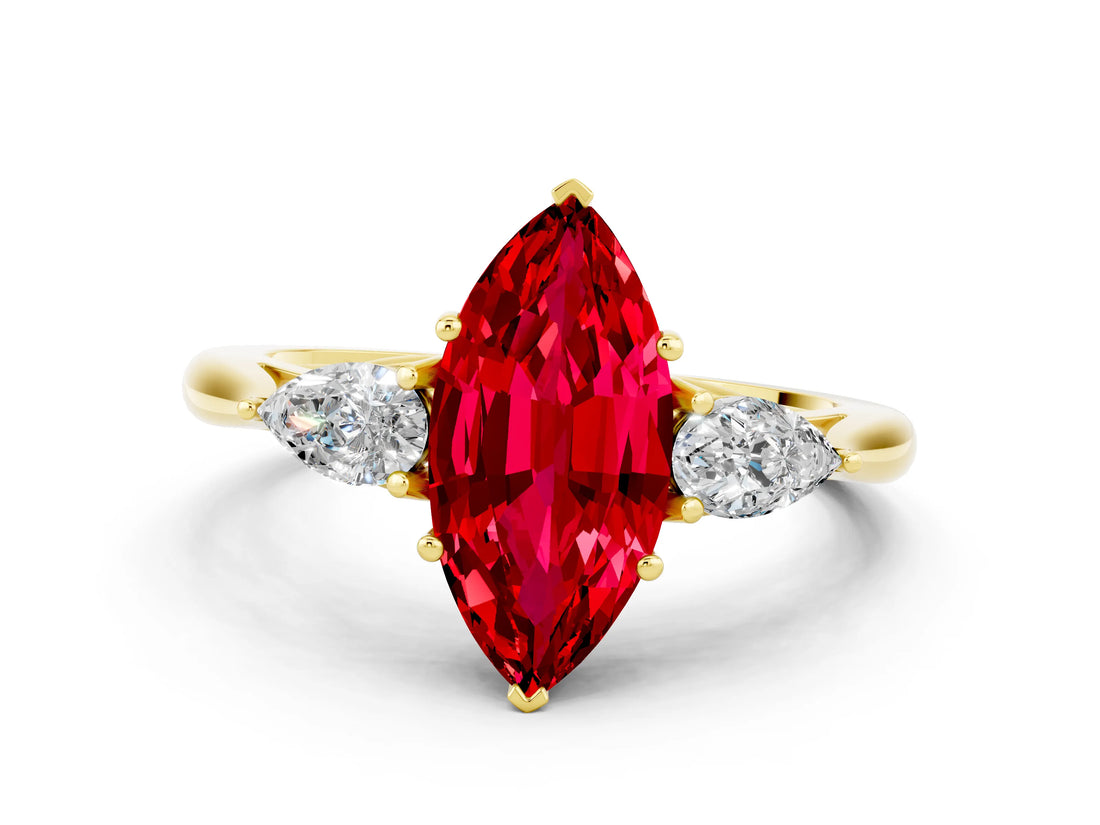 Yellow gold Three-Stone Marquise Cut Ruby Ring with Pear  Side Stones in Four-Prong Setting_12
