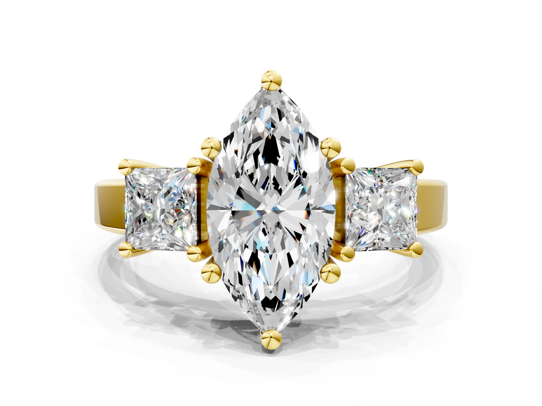 Yellow gold Three-Stone Marquise Cut Solitaire Ring with Prong Setting_3