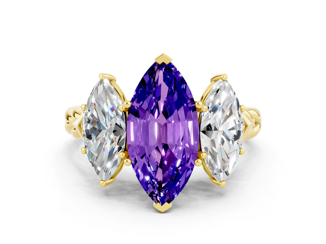 Yellow gold Three-Stone Marquise Cut Tanzanite Braided Band Ring with Four-Prong Setting_12